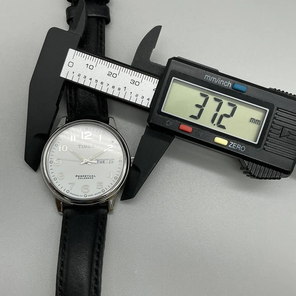 Timex Perpetual Calendar Mens Watch 37mm Silver Tone Leather Indiglo New Batt